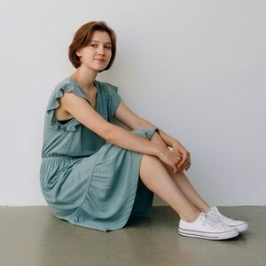 Loft Seafoam Green Cotton Ruffled Dress Midi Short Sleeve Medium Petite NWT